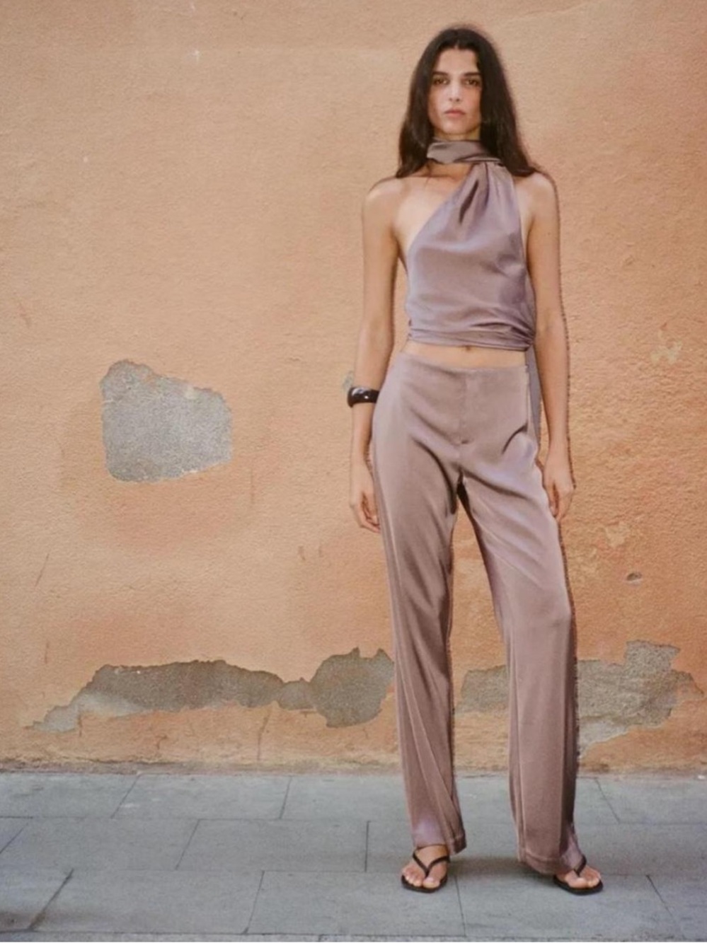 Zara Taupe Satin Halter & Wide-Leg Pants Set